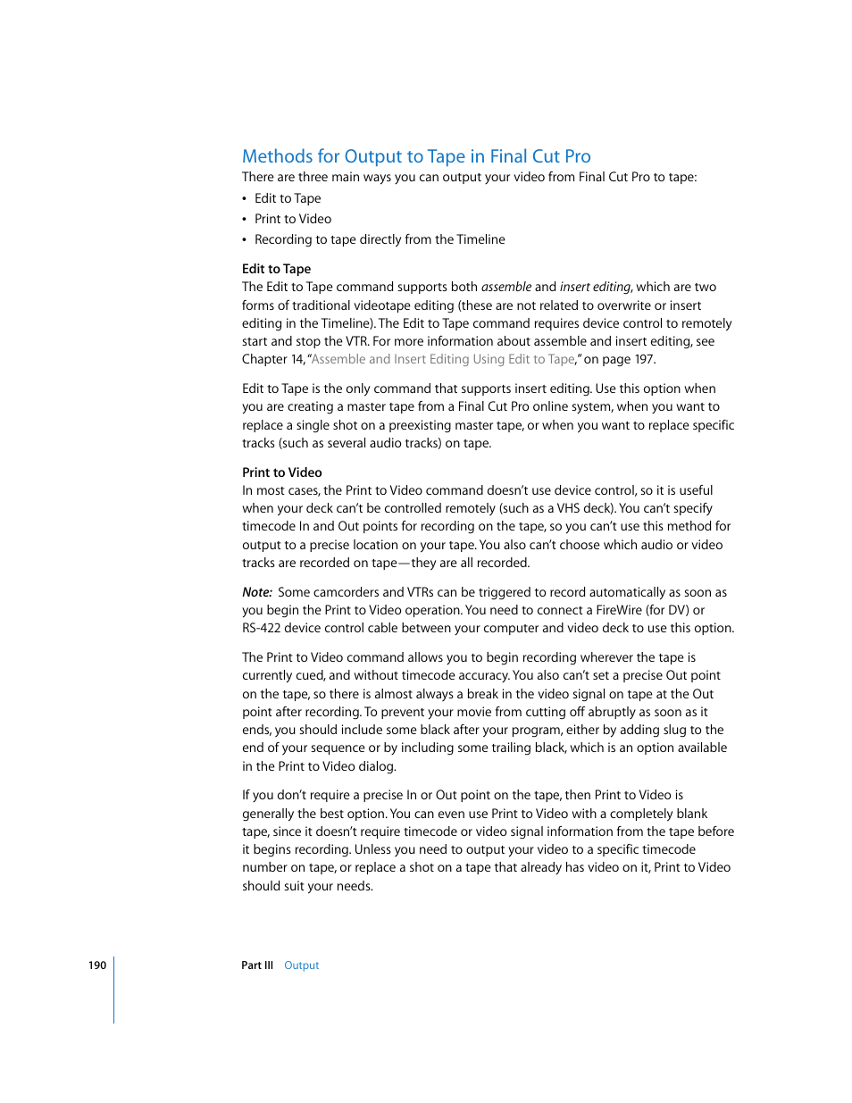 Methods for output to tape in finalcutpro, Methods for output to tape in final cut pro, P. 190) | Apple Final Cut Pro 6 User Manual | Page 1673 / 2033