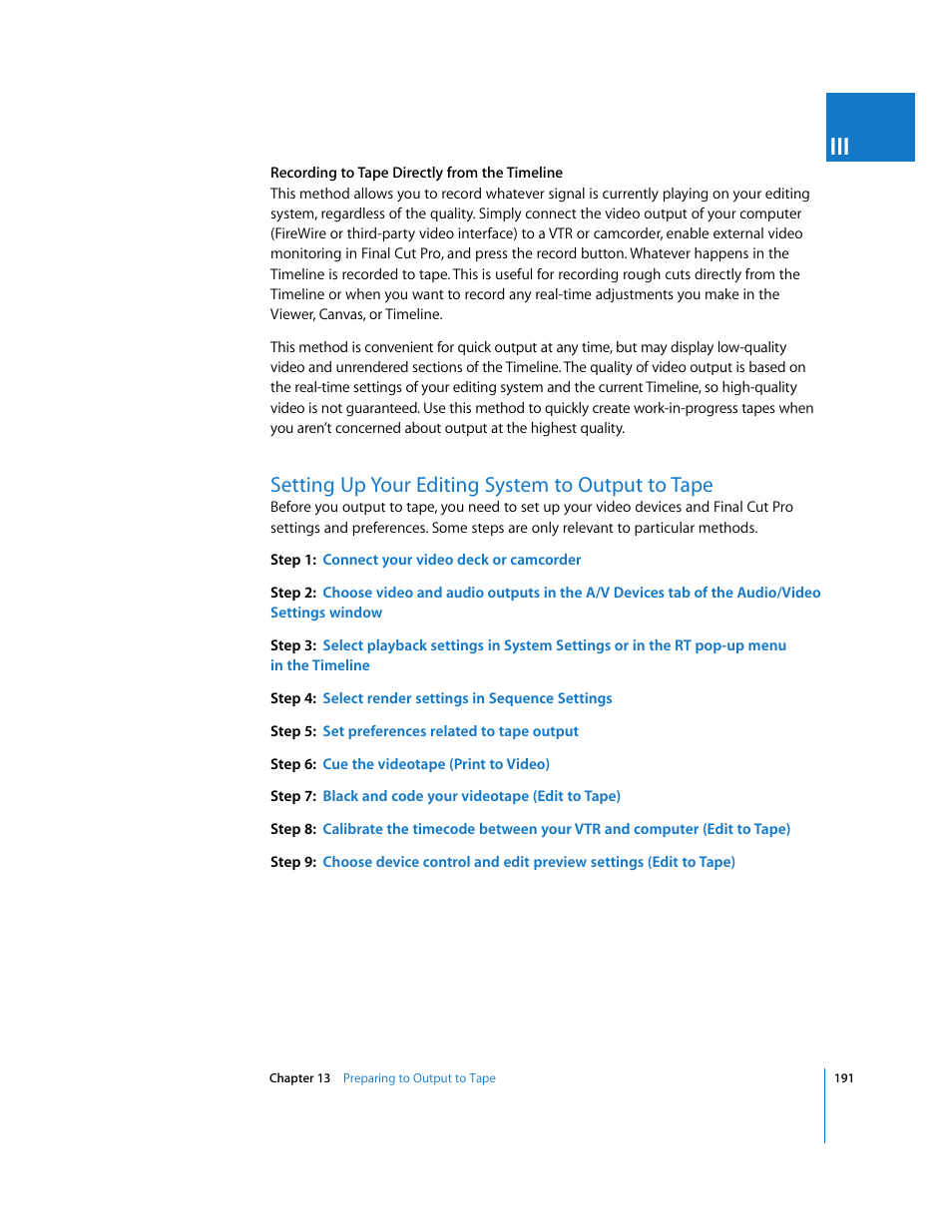 Setting up your editing system to output to tape, P. 191) | Apple Final Cut Pro 6 User Manual | Page 1674 / 2033