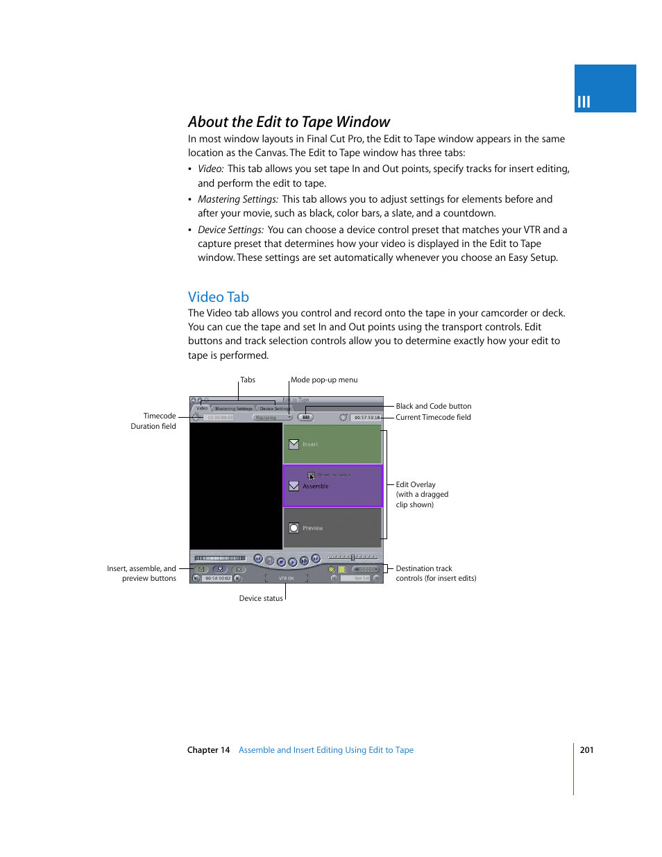 About the edit to tape window, Video tab, P. 201) | Apple Final Cut Pro 6 User Manual | Page 1684 / 2033