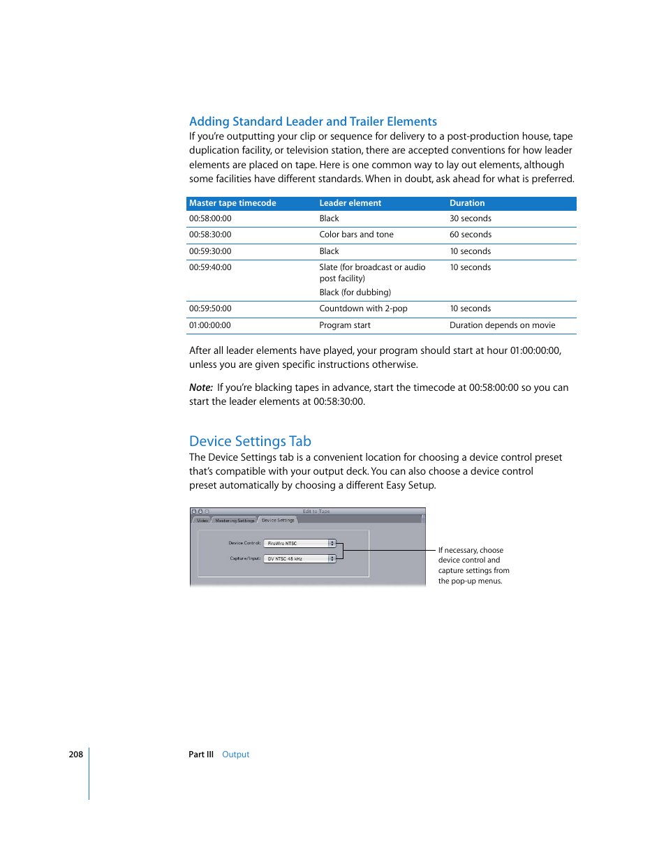 Adding standard leader and trailer elements, Device settings tab, Adding standard | Leader and trailer elements | Apple Final Cut Pro 6 User Manual | Page 1691 / 2033