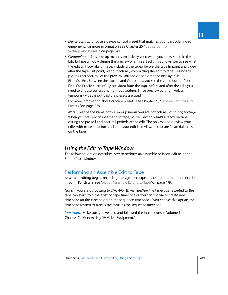 Using the edit to tape window, Performing an assemble edit to tape, P. 209) | Apple Final Cut Pro 6 User Manual | Page 1692 / 2033