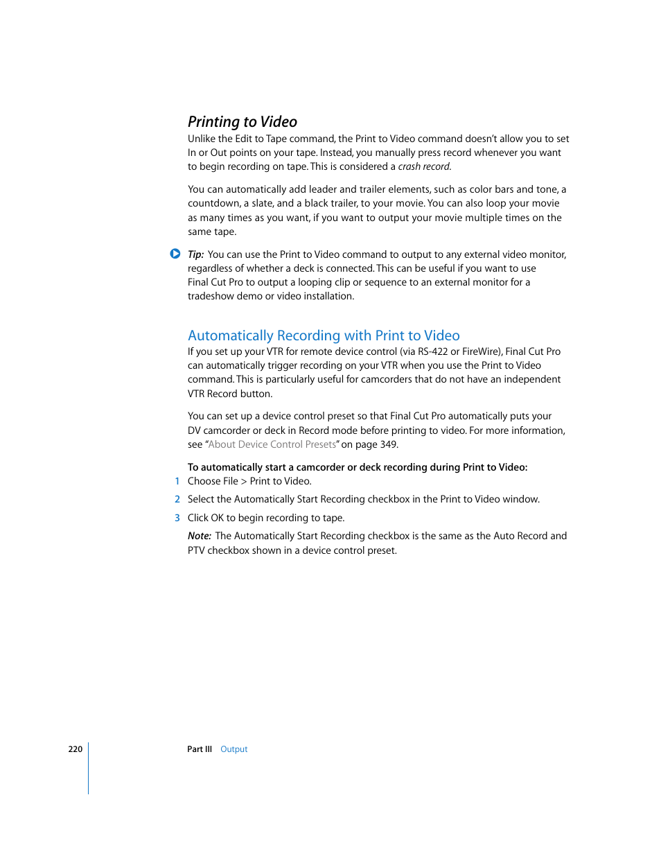 Printing to video, Automatically recording with print to video, P. 220) | Apple Final Cut Pro 6 User Manual | Page 1703 / 2033
