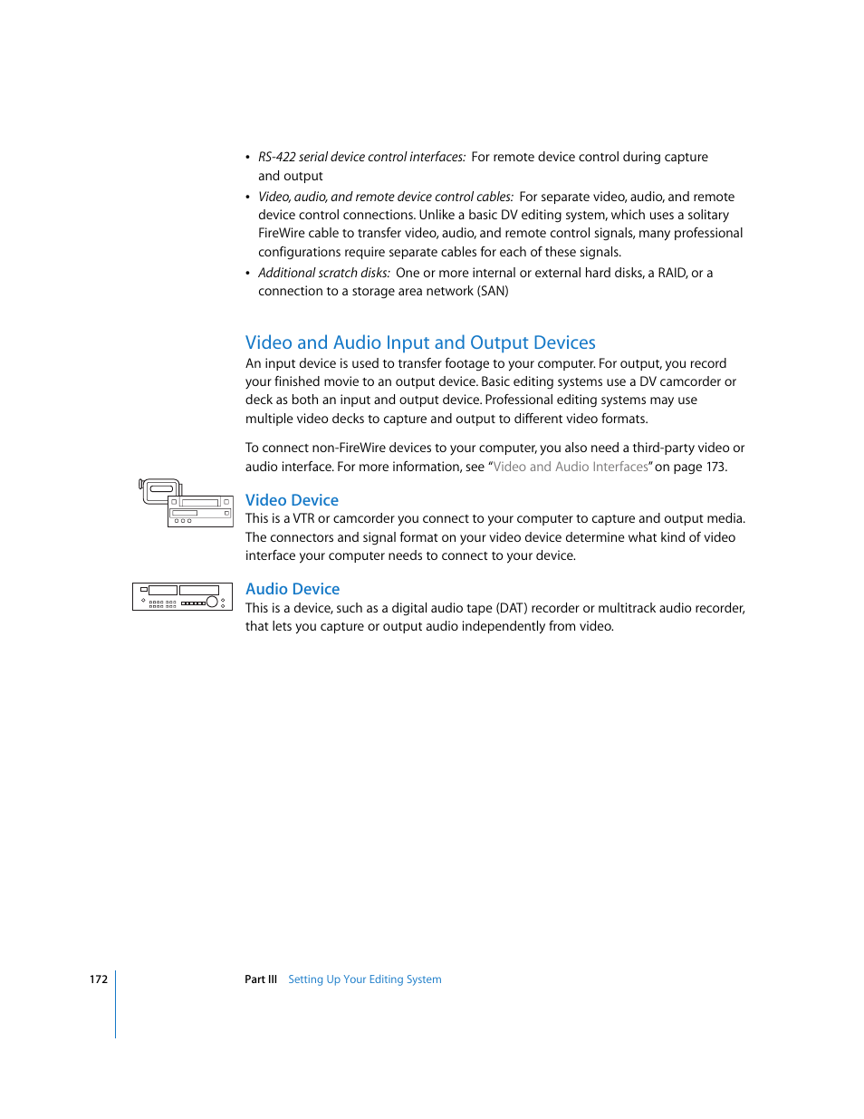 Video and audio input and output devices, Video device, Audio device | Apple Final Cut Pro 6 User Manual | Page 173 / 2033