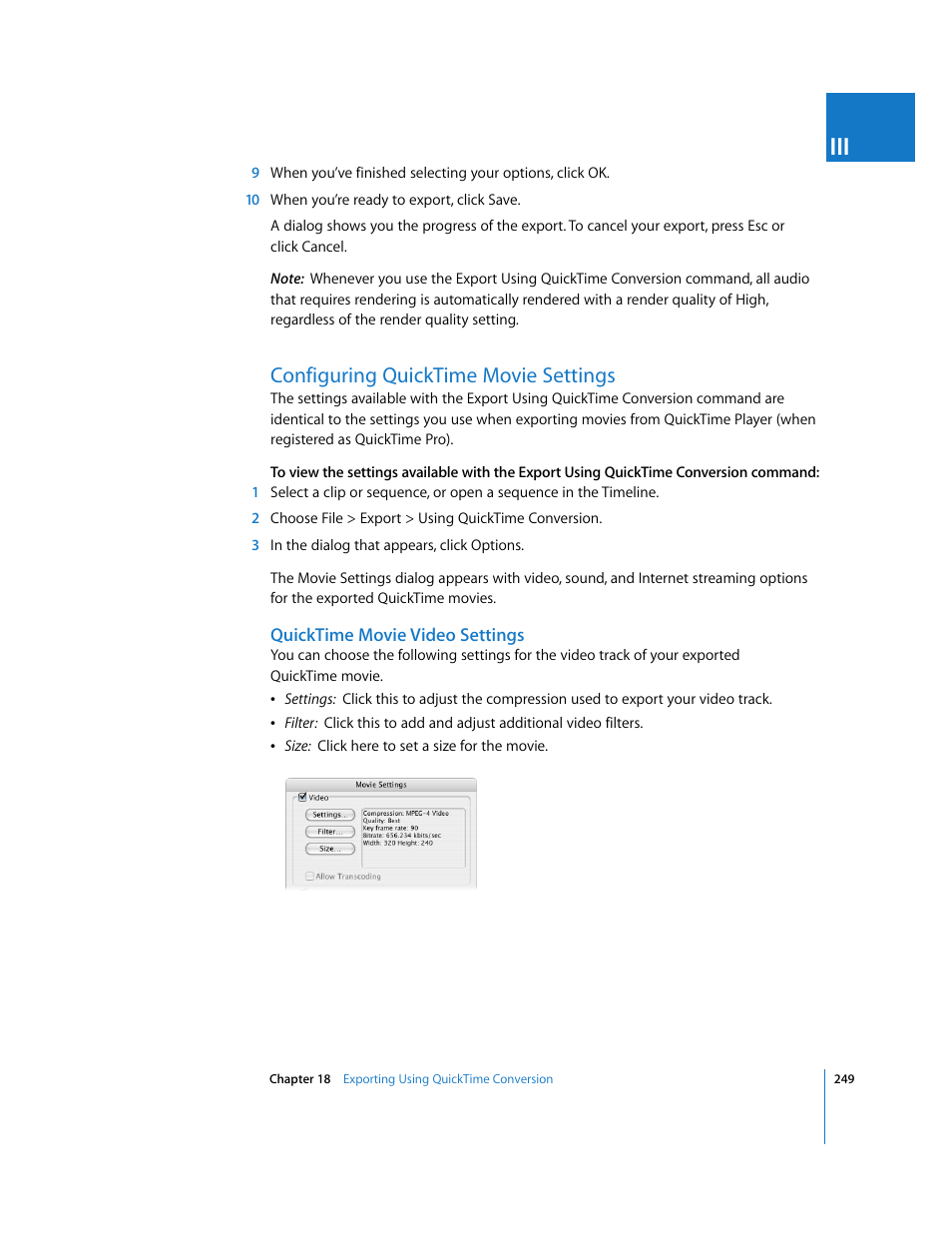 Configuring quicktime movie settings, Quicktime movie video settings, P. 249) | Apple Final Cut Pro 6 User Manual | Page 1732 / 2033