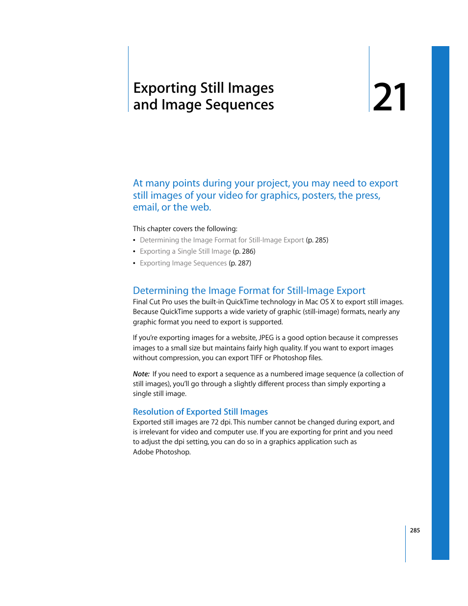 Exporting still images andimagesequences, Resolution of exported still images, Chapter 21 | Exporting still images and image sequences | Apple Final Cut Pro 6 User Manual | Page 1768 / 2033