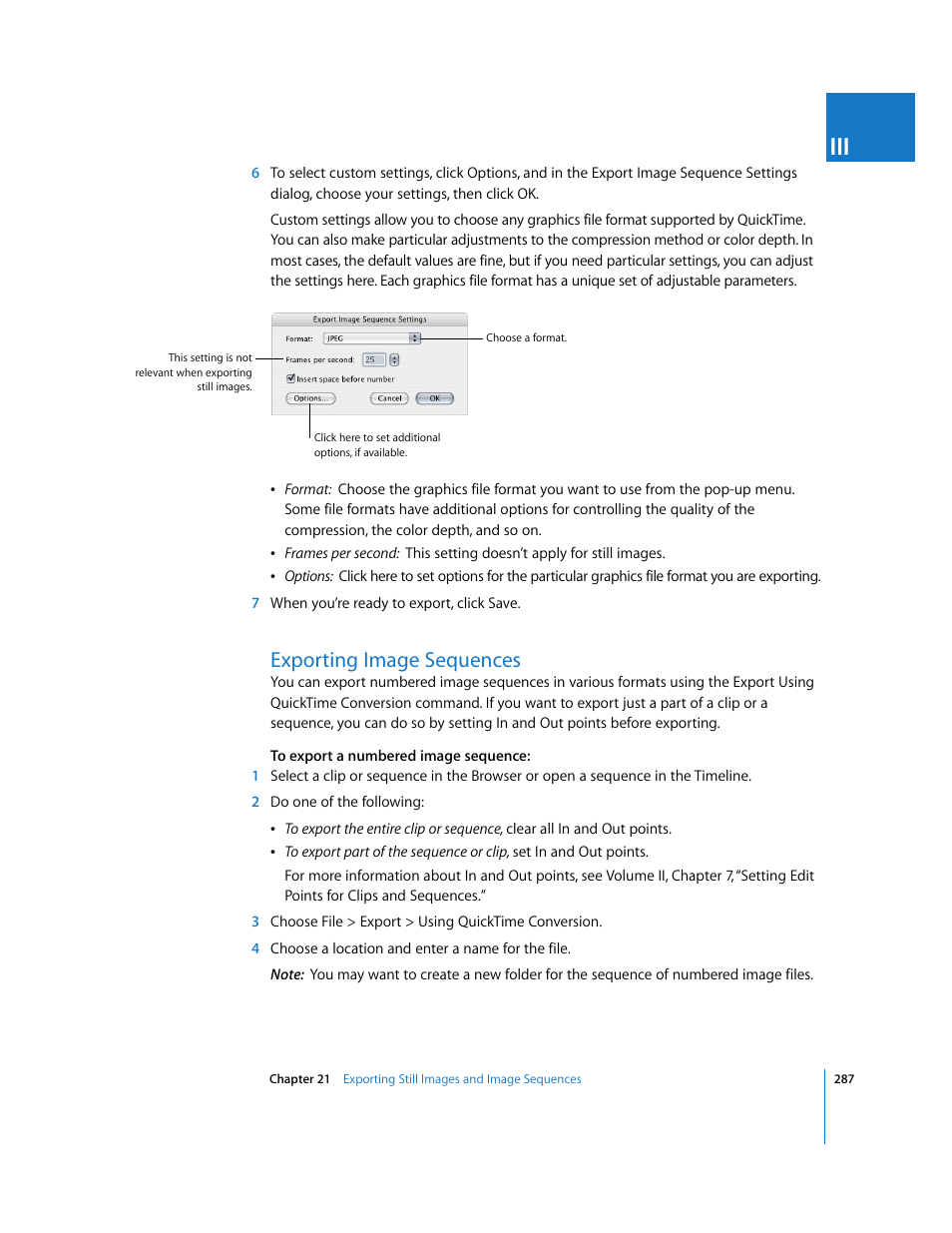 Exporting image sequences, Exporting, Image sequences | P. 287) | Apple Final Cut Pro 6 User Manual | Page 1770 / 2033