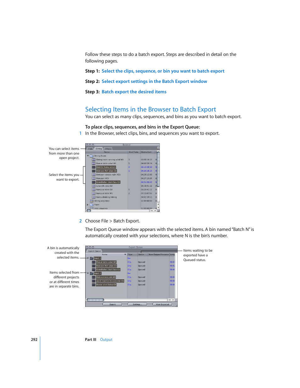 Selecting items in the browser to batch export, P. 292) | Apple Final Cut Pro 6 User Manual | Page 1775 / 2033