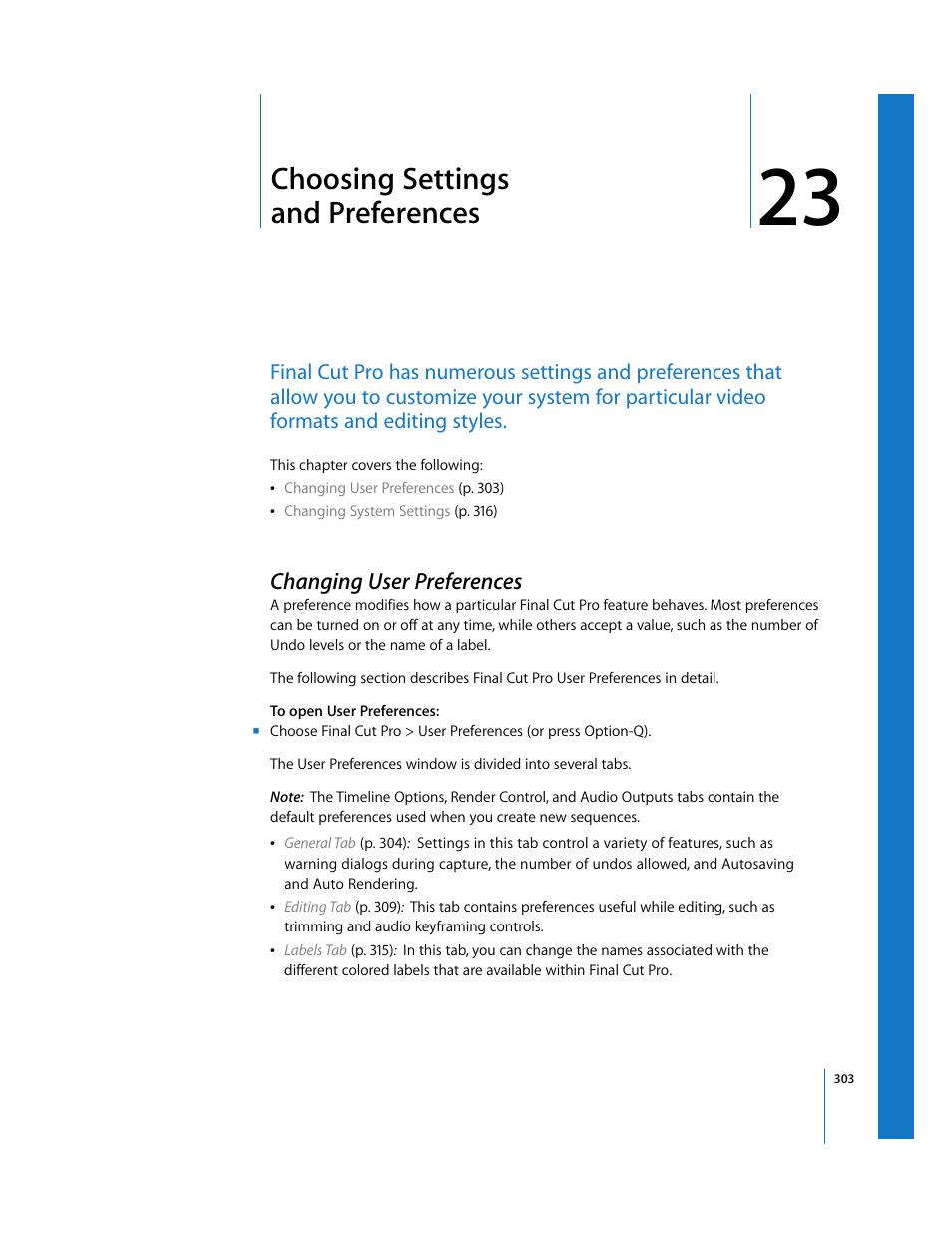 Choosing settings andpreferences, Changing user preferences, Chapter 23 | Choosing settings and preferences | Apple Final Cut Pro 6 User Manual | Page 1786 / 2033