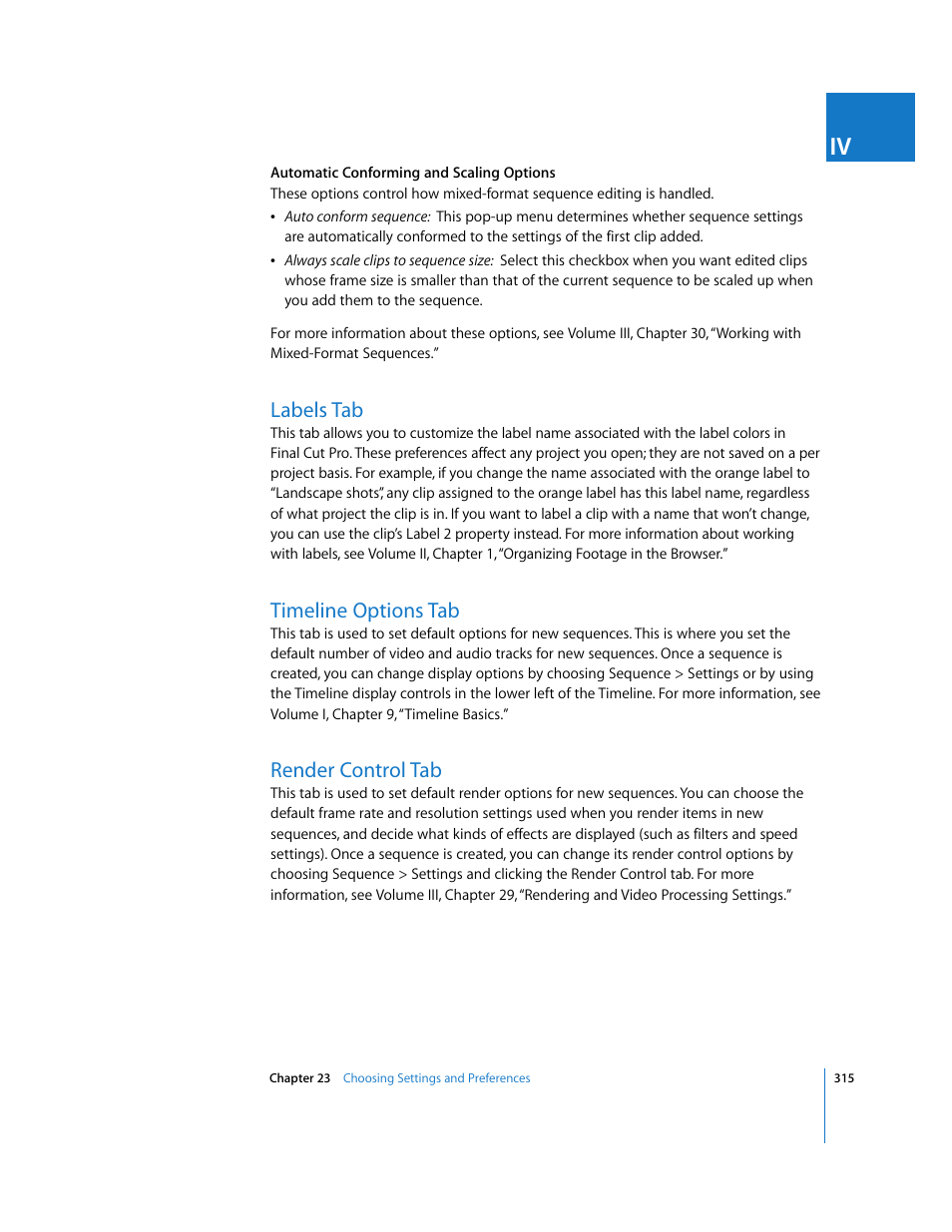 Labels tab, Timeline options tab, Render control tab | P. 315) | Apple Final Cut Pro 6 User Manual | Page 1798 / 2033