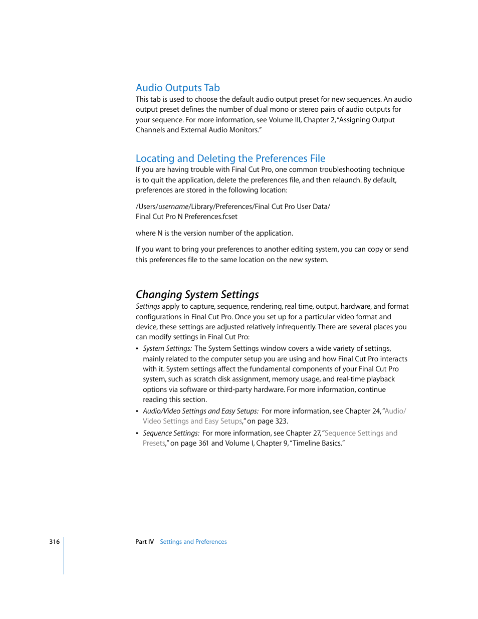 Audio outputs tab, Locating and deleting the preferences file, Changing system settings | P. 316) | Apple Final Cut Pro 6 User Manual | Page 1799 / 2033