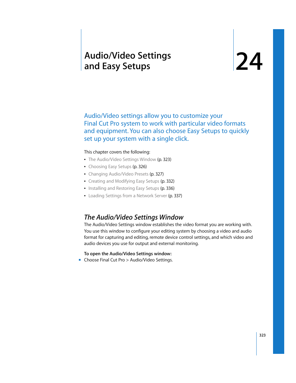 Audio/video settings andeasysetups, The audio/video settings window, Chapter 24 | Audio/video settings and easy setups, See chapter 24, Audio, Video settings and easy setups | Apple Final Cut Pro 6 User Manual | Page 1806 / 2033