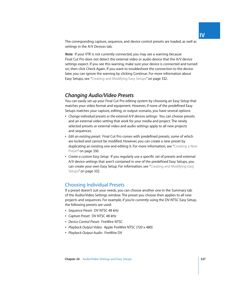 Changing audio/video presets, Choosing individual presets, P. 327) | Apple Final Cut Pro 6 User Manual | Page 1810 / 2033