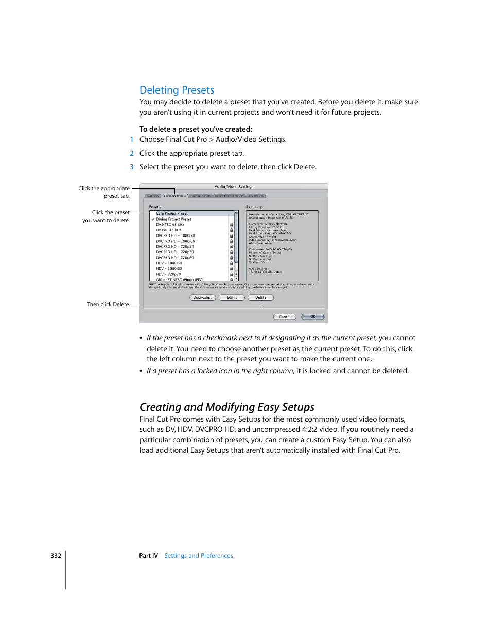 Deleting presets, Creating and modifying easy setups, P. 332) | Creating and modifying easy, Setups | Apple Final Cut Pro 6 User Manual | Page 1815 / 2033