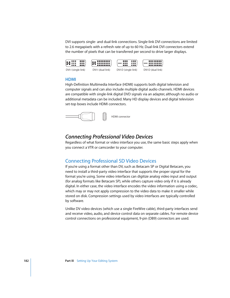 Hdmi, Connecting professional video devices, Connecting professional sd video devices | P. 182) | Apple Final Cut Pro 6 User Manual | Page 183 / 2033