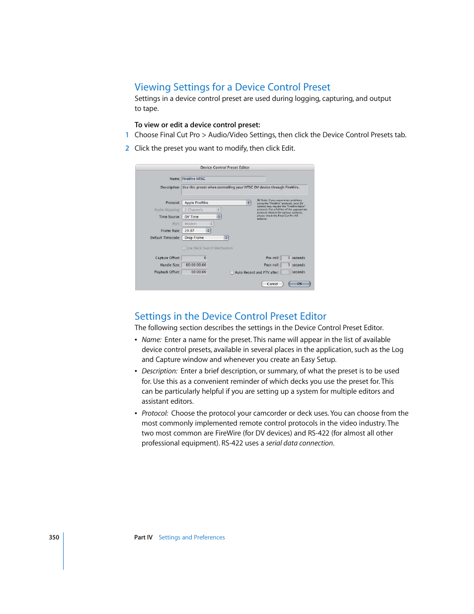 Viewing settings for a device control preset, Settings in the device control preset editor | Apple Final Cut Pro 6 User Manual | Page 1833 / 2033