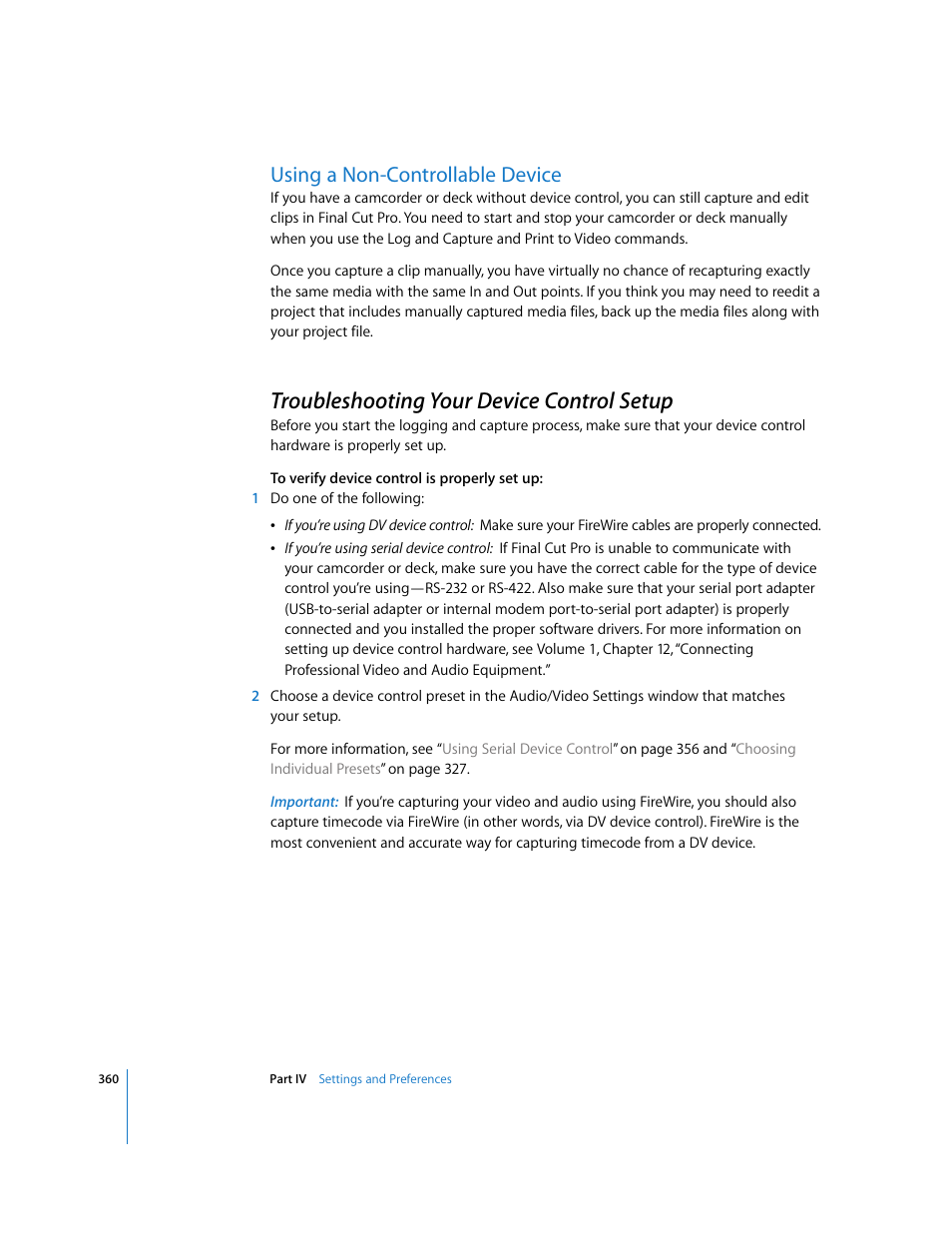 Using a non-controllable device, Troubleshooting your device control setup, P. 360) | Apple Final Cut Pro 6 User Manual | Page 1843 / 2033