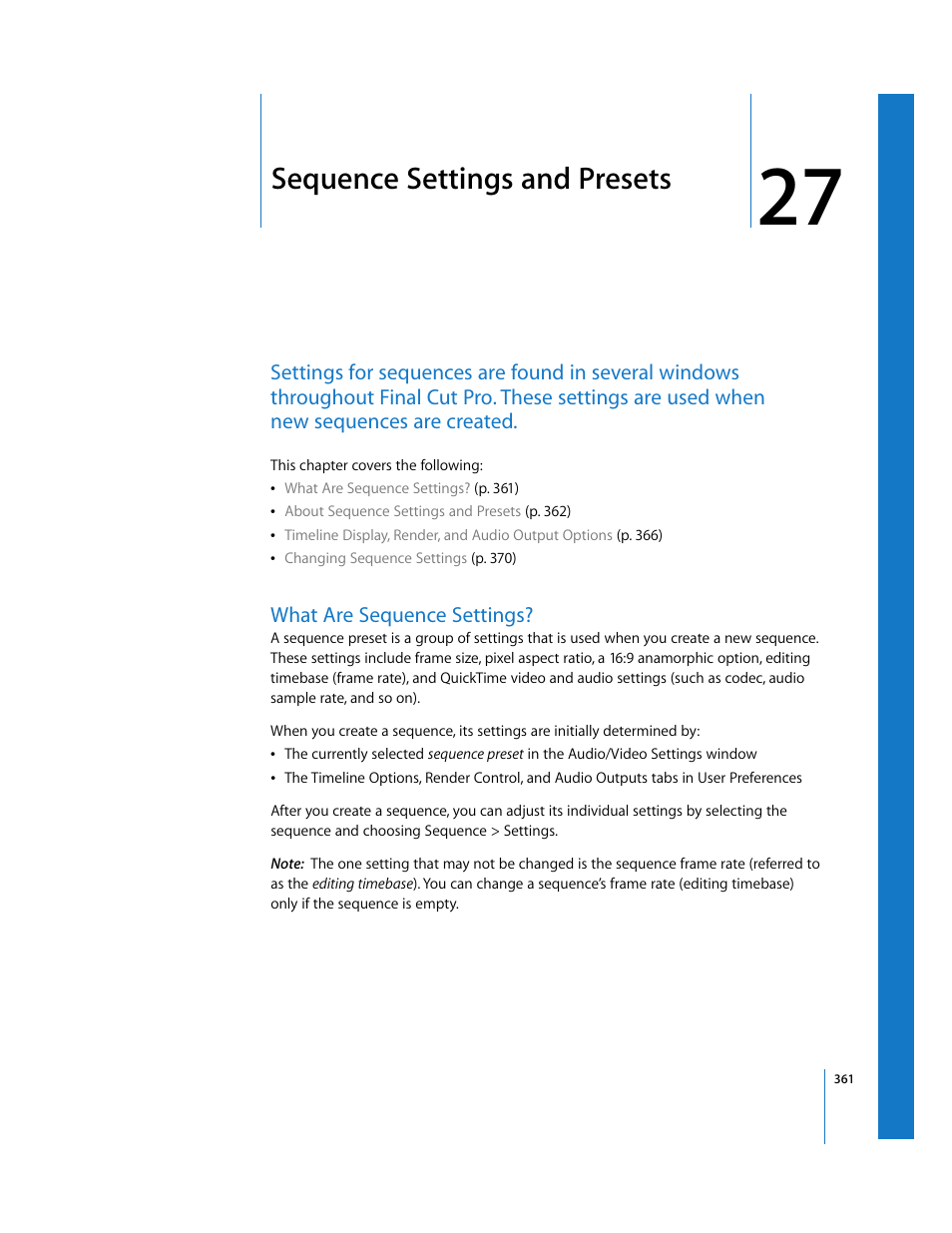 Sequence settings and presets, What are sequence settings, Chapter 27 | See chapter 27, Sequence settings and, Presets | Apple Final Cut Pro 6 User Manual | Page 1844 / 2033