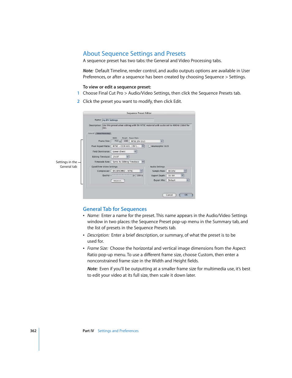 About sequence settings and presets, General tab for sequences, P. 362) | Apple Final Cut Pro 6 User Manual | Page 1845 / 2033