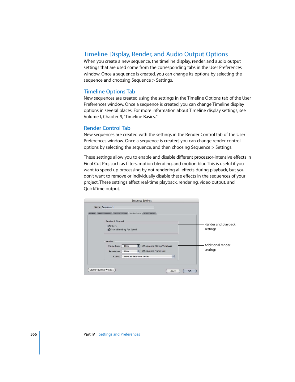 Timeline display, render, and audio output options, Timeline options tab, Render control tab | P. 366) | Apple Final Cut Pro 6 User Manual | Page 1849 / 2033