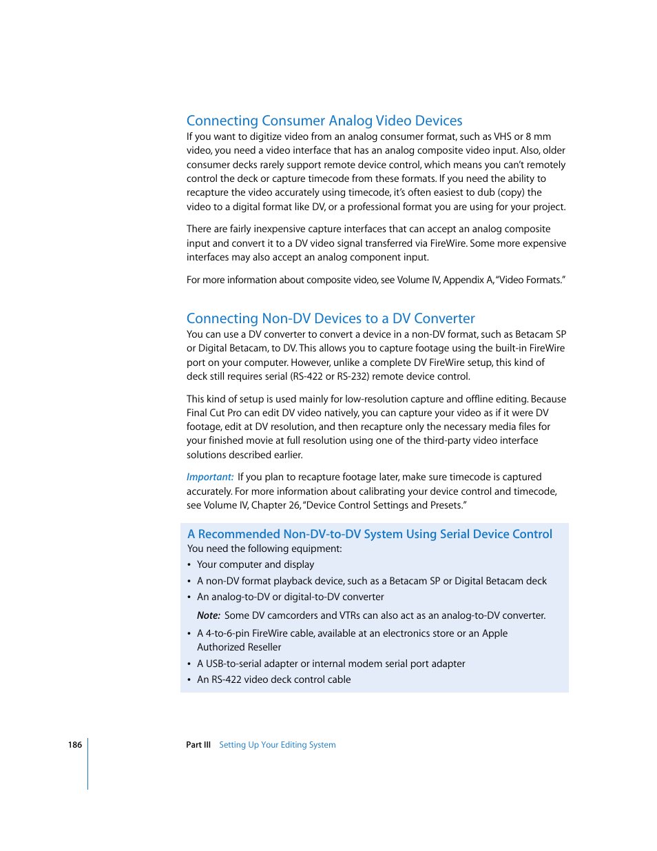 Connecting consumer analog video devices, Connecting non-dv devices to a dv converter | Apple Final Cut Pro 6 User Manual | Page 187 / 2033