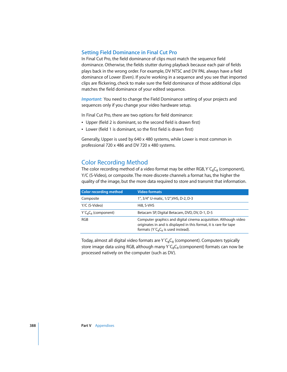 Setting field dominance in finalcutpro, Color recording method, Setting field dominance in final cut pro | Apple Final Cut Pro 6 User Manual | Page 1871 / 2033