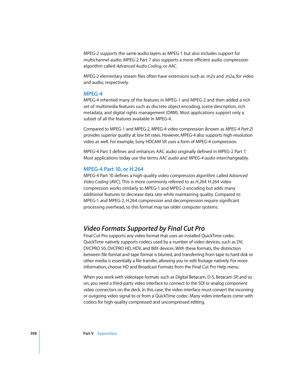 Mpeg-4, Mpeg-4 part 10, or h.264, Video formats supported by finalcutpro | Video formats supported by final cut pro, P. 398) | Apple Final Cut Pro 6 User Manual | Page 1881 / 2033
