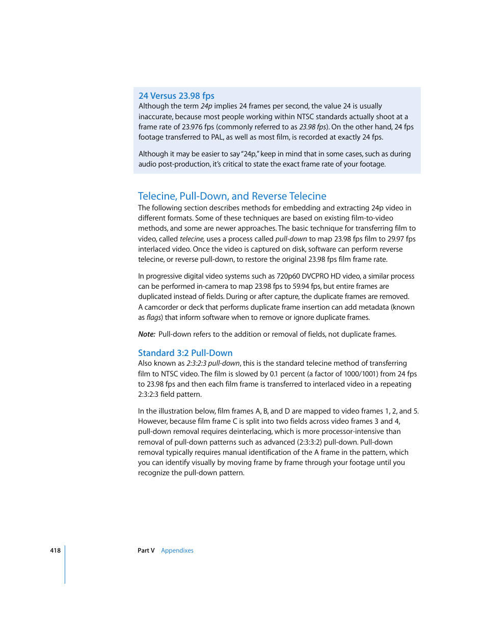 24 versus 23.98fps, Telecine, pull-down, and reverse telecine, Standard 3:2 pull-down | P. 418) | Apple Final Cut Pro 6 User Manual | Page 1901 / 2033