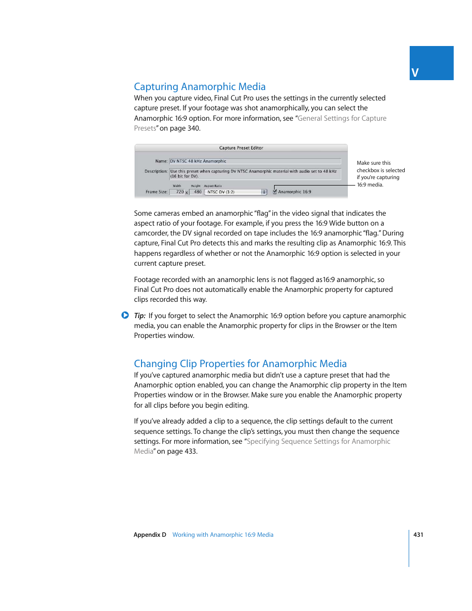 Capturing anamorphic media, Changing clip properties for anamorphic media, P. 431) | Apple Final Cut Pro 6 User Manual | Page 1914 / 2033