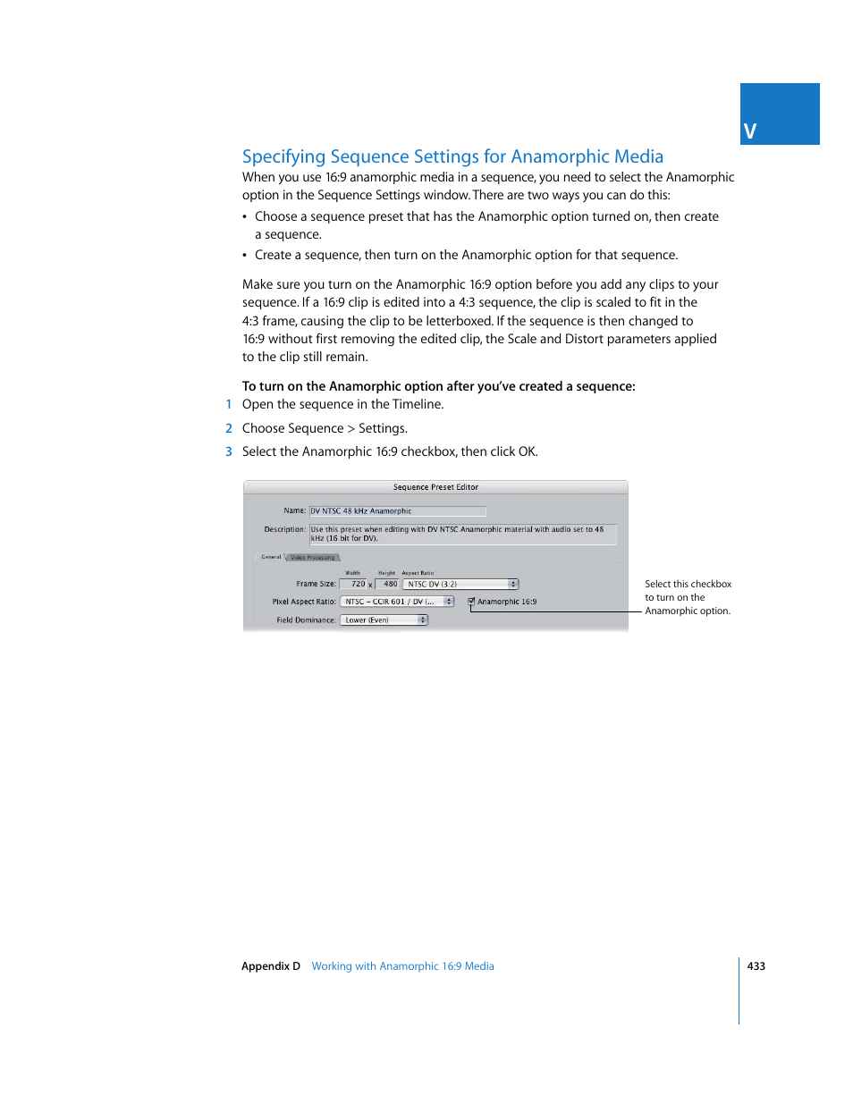 Specifying sequence settings for anamorphic media, P. 433), Specifying sequence settings for anamorphic | Media | Apple Final Cut Pro 6 User Manual | Page 1916 / 2033