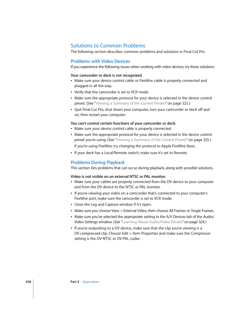 Solutions to common problems, Problems with video devices, Problems during playback | Problems during, Playback, P. 438) | Apple Final Cut Pro 6 User Manual | Page 1921 / 2033