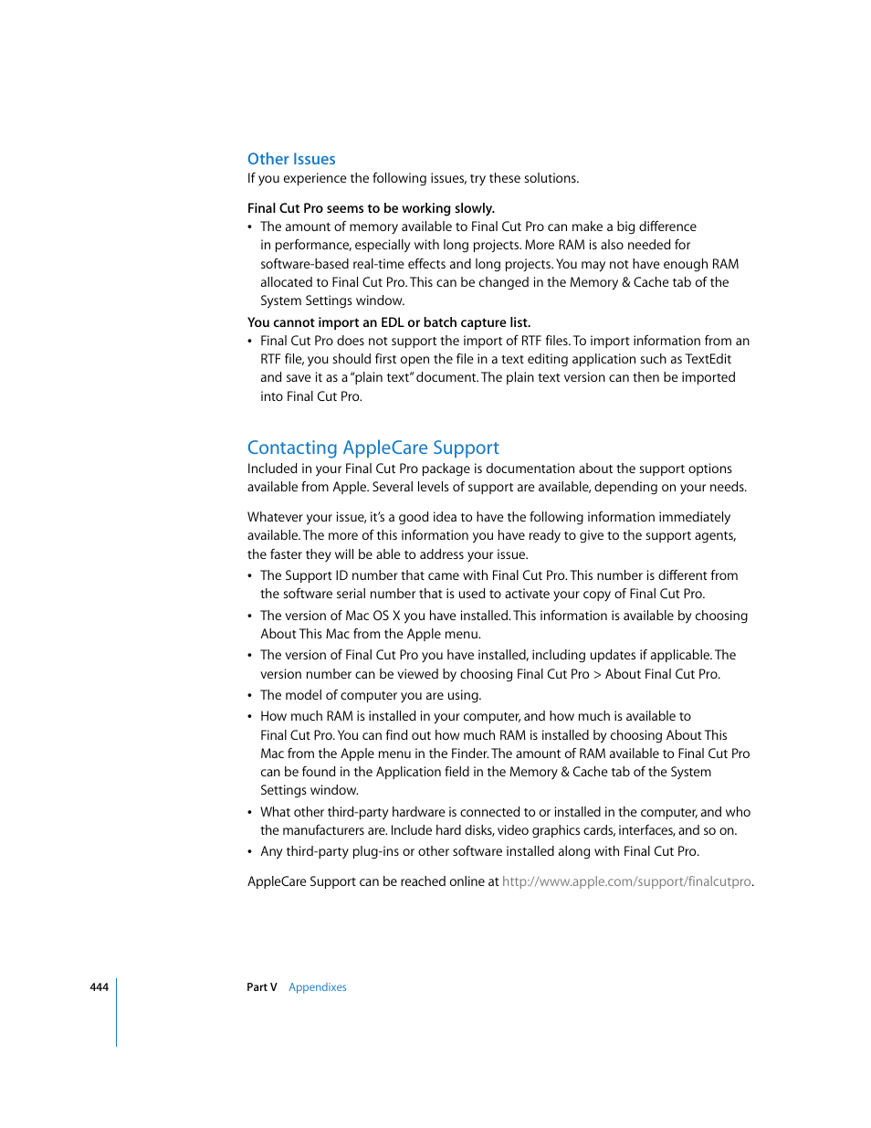 Other issues, Contacting applecare support, P. 444) | Apple Final Cut Pro 6 User Manual | Page 1927 / 2033