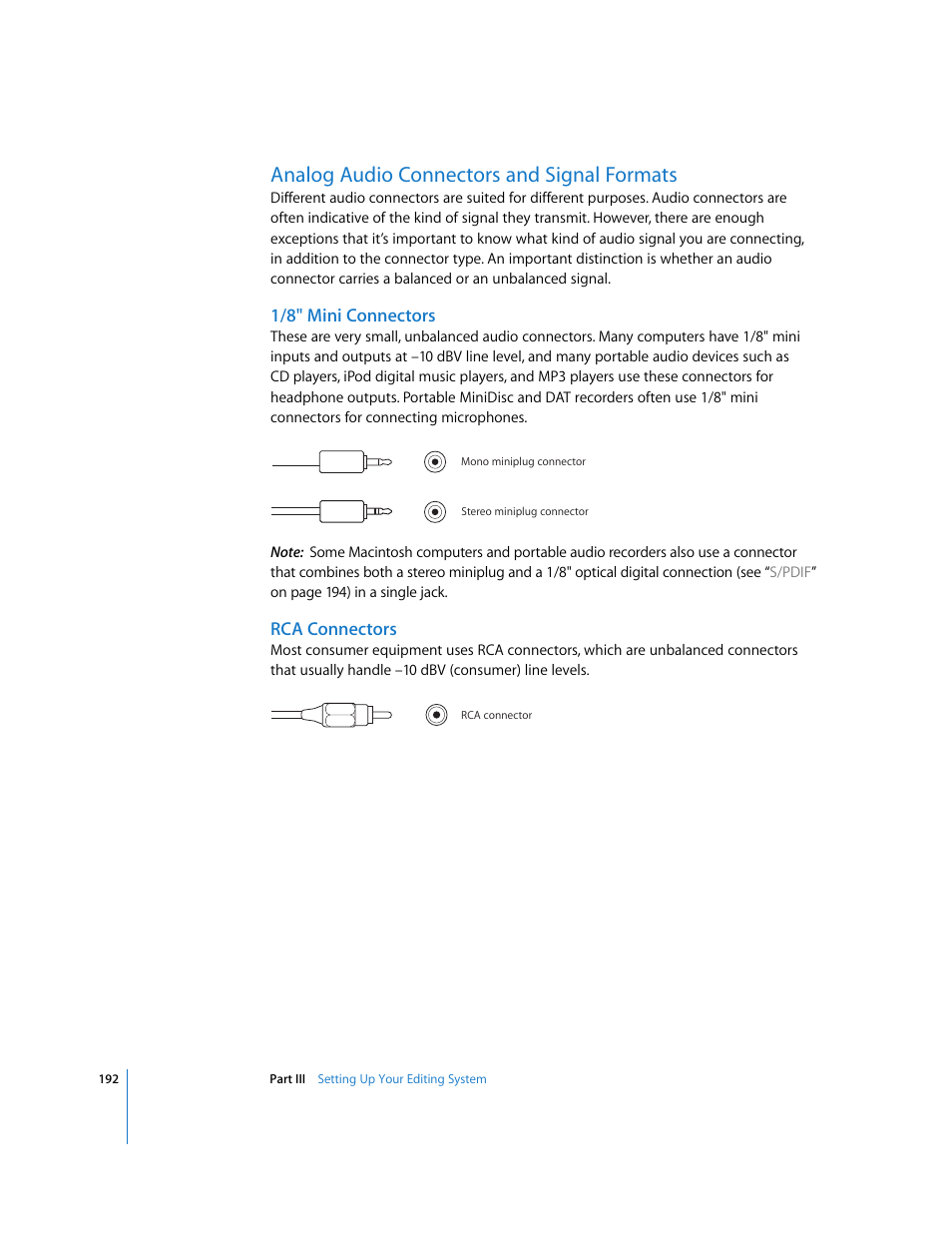 Analog audio connectors and signal formats, 1/8" mini connectors, Rca connectors | Apple Final Cut Pro 6 User Manual | Page 193 / 2033