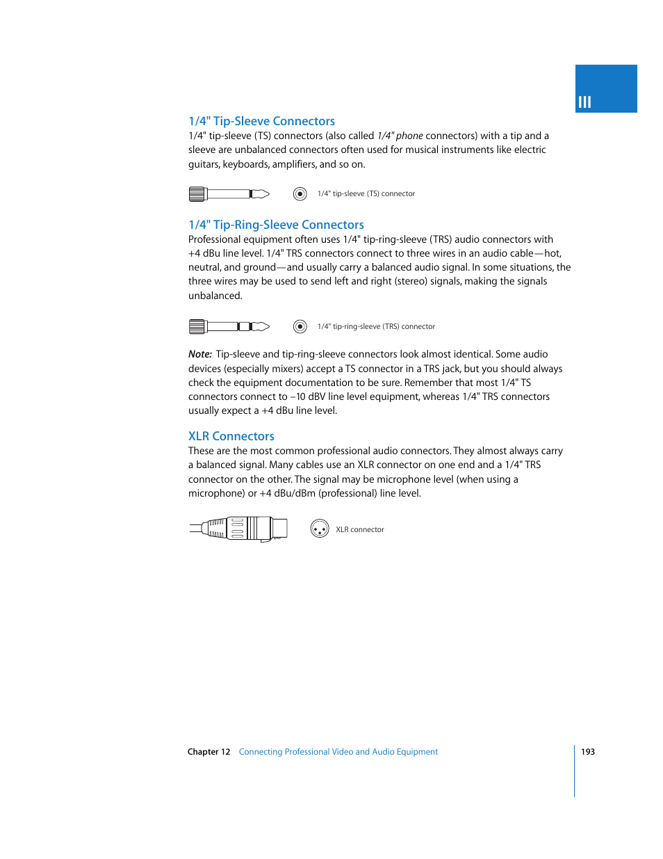 1/4" tip-sleeve connectors, 1/4" tip-ring-sleeve connectors, Xlr connectors | Apple Final Cut Pro 6 User Manual | Page 194 / 2033