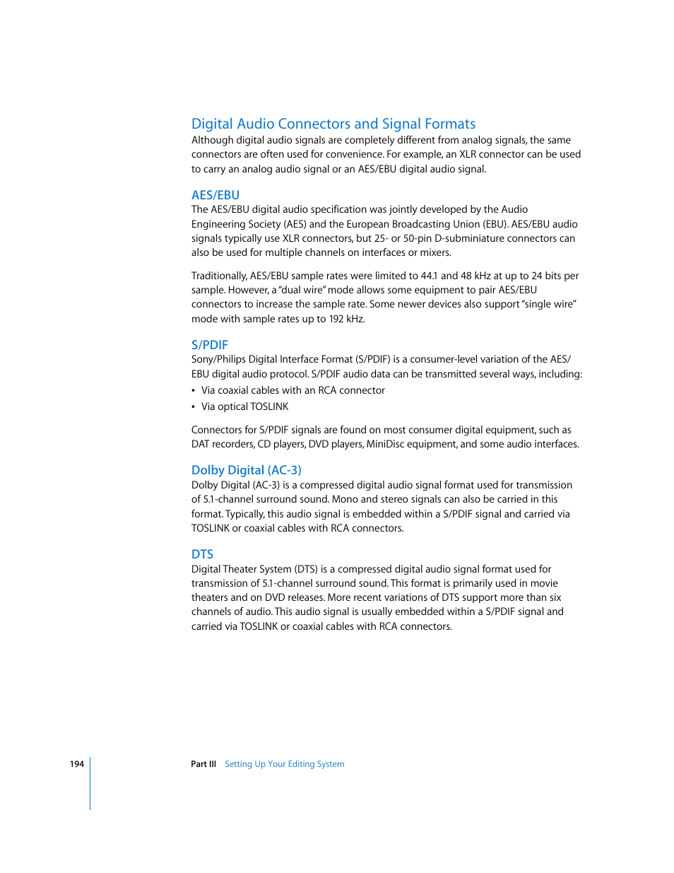 Digital audio connectors and signal formats, Aes/ebu, S/pdif | Dolby digital (ac-3), Tion (see | Apple Final Cut Pro 6 User Manual | Page 195 / 2033