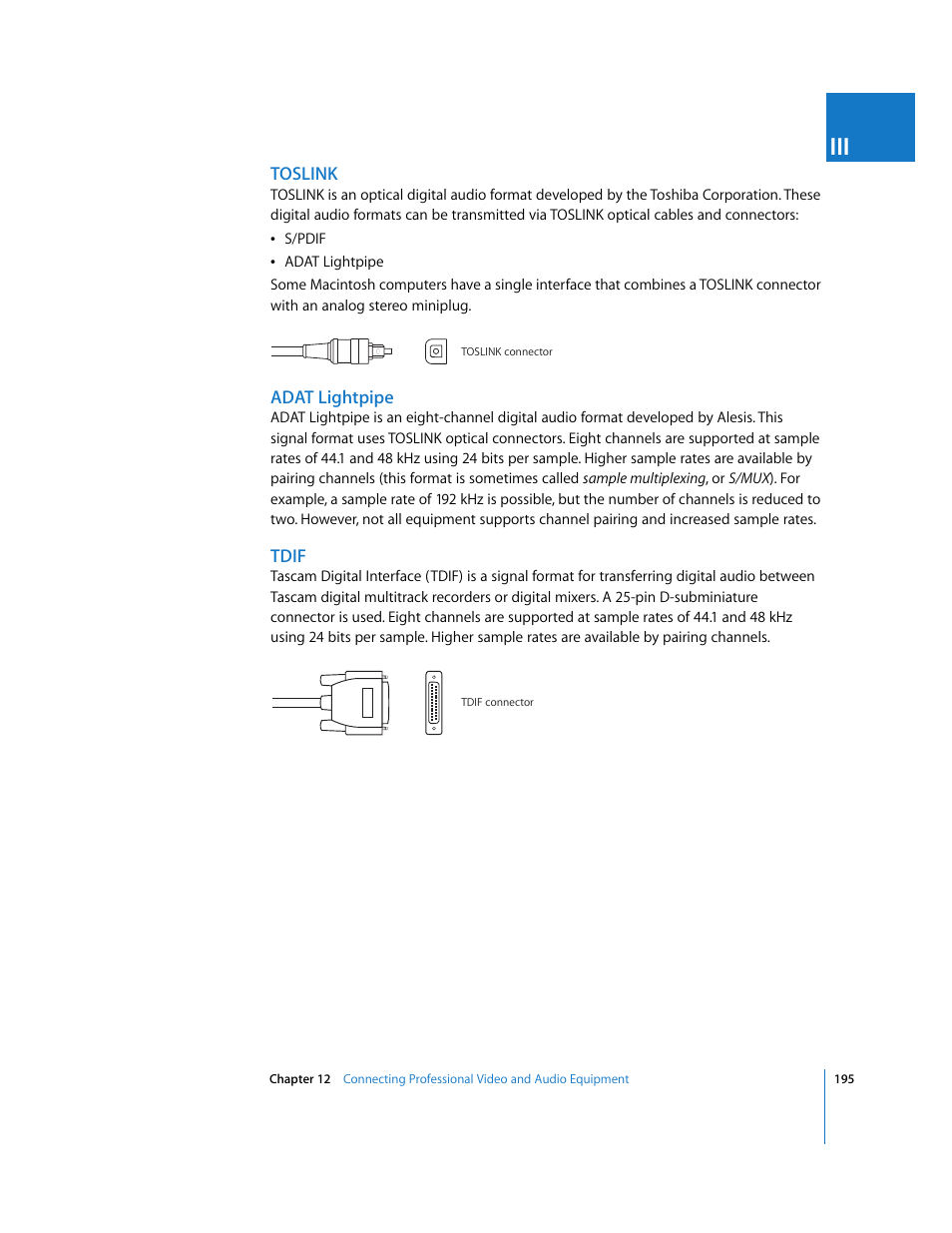 Toslink, Adat lightpipe, Tdif | Apple Final Cut Pro 6 User Manual | Page 196 / 2033