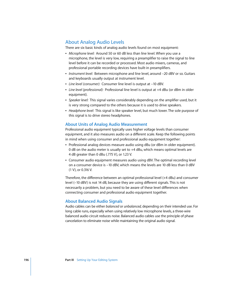 About analog audio levels, About units of analog audio measurement, About balanced audio signals | Apple Final Cut Pro 6 User Manual | Page 197 / 2033