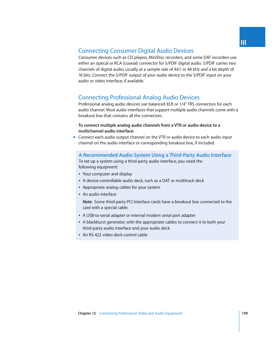 Connecting consumer digital audio devices, Connecting professional analog audio devices | Apple Final Cut Pro 6 User Manual | Page 200 / 2033