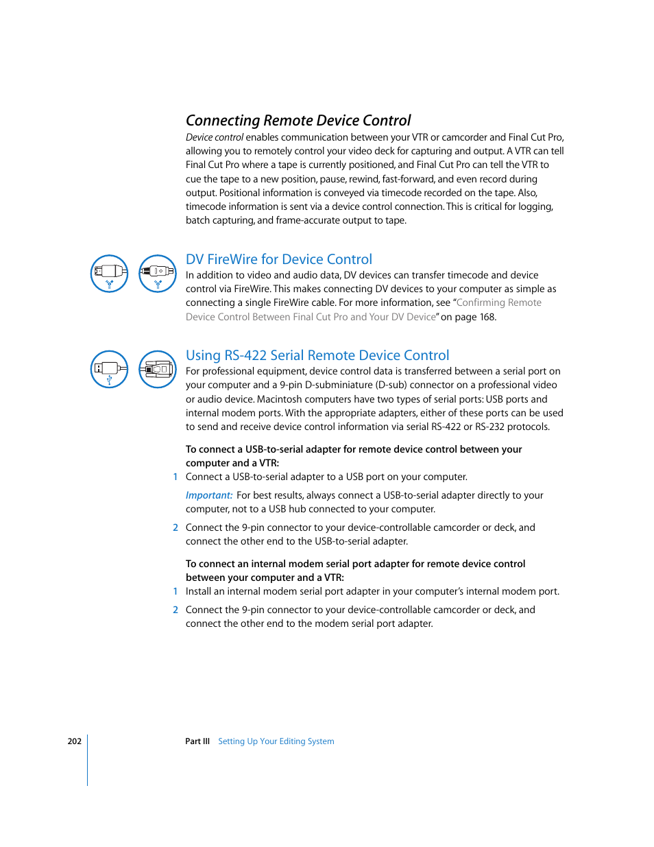Connecting remote device control, Dv firewire for device control, Using rs-422 serial remote device control | P. 202) | Apple Final Cut Pro 6 User Manual | Page 203 / 2033
