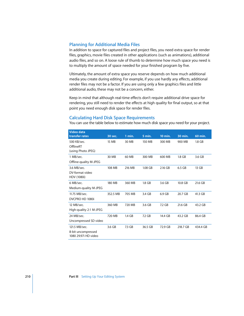 Planning for additional media files, Calculating hard disk space requirements | Apple Final Cut Pro 6 User Manual | Page 211 / 2033