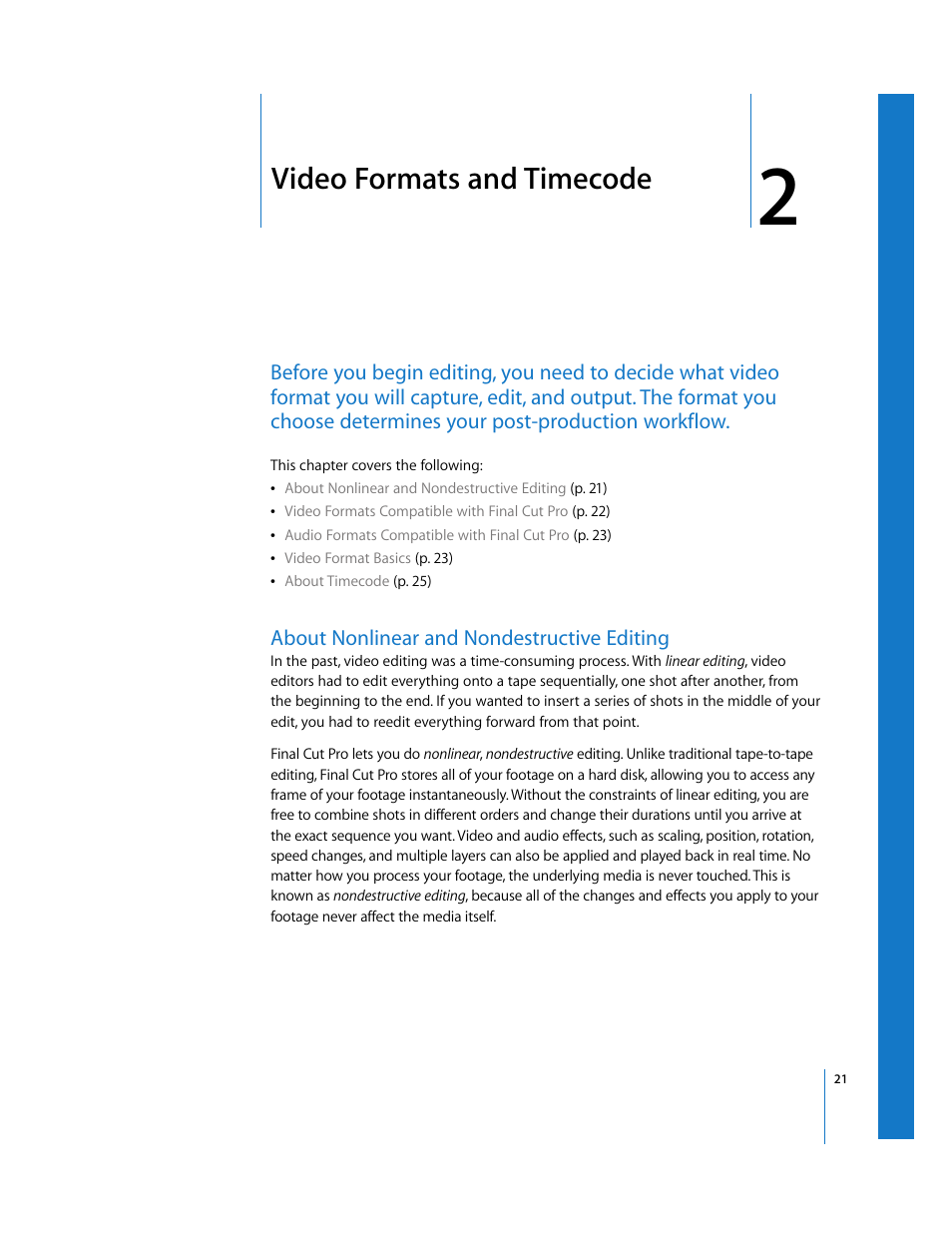 Video formats and timecode, About nonlinear and nondestructive editing, Chapter 2 | Apple Final Cut Pro 6 User Manual | Page 22 / 2033