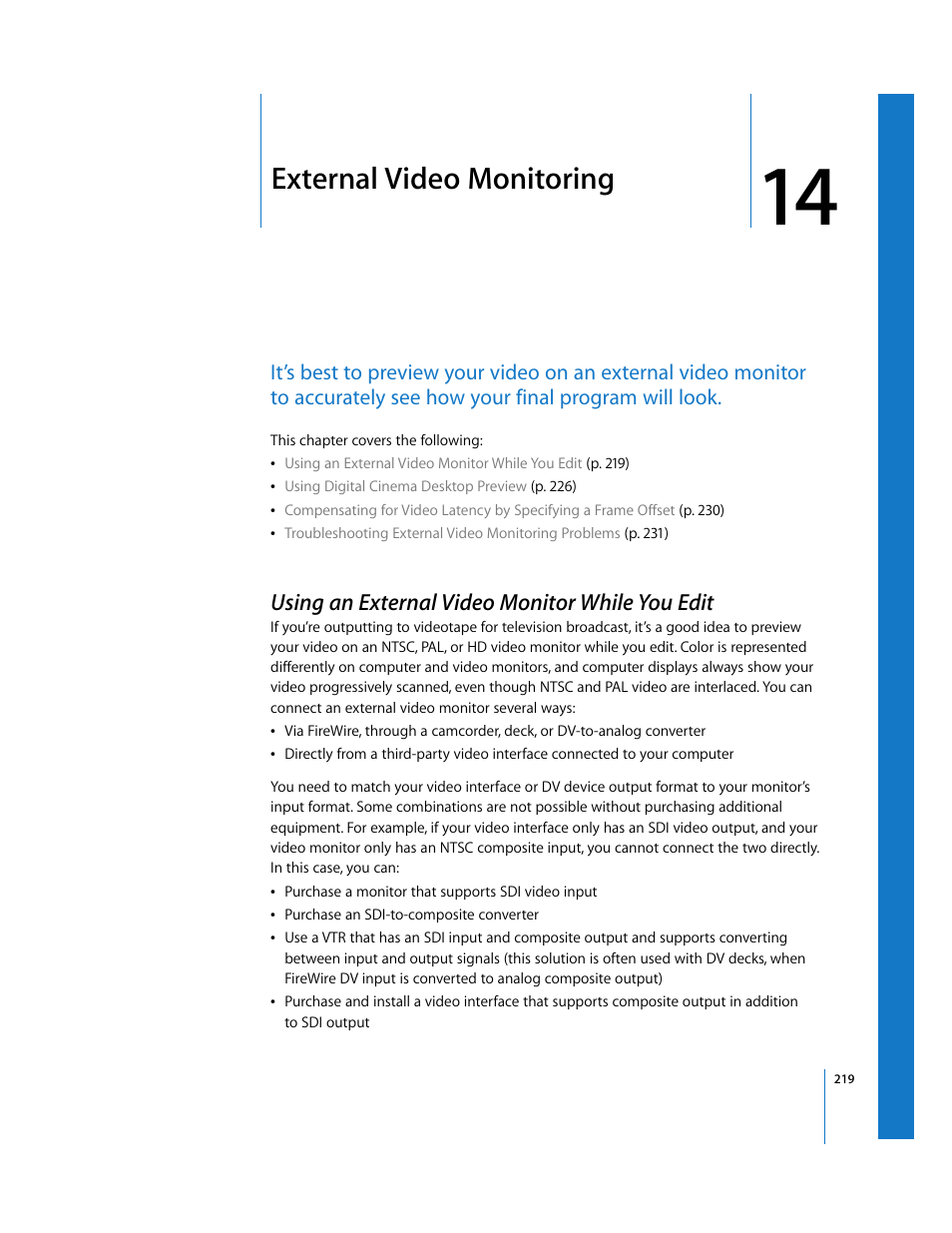 External video monitoring, Using an external video monitor while you edit, Chapter 14 | See chapter 14 | Apple Final Cut Pro 6 User Manual | Page 220 / 2033