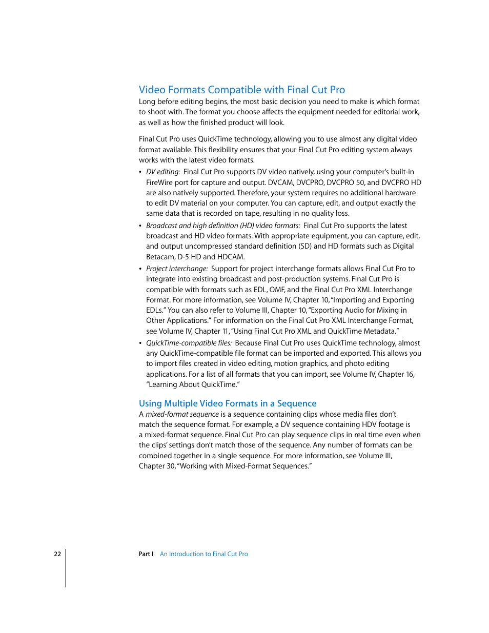 Video formats compatible with finalcutpro, Using multiple video formats in a sequence, Video formats compatible with final cut pro | P. 22) | Apple Final Cut Pro 6 User Manual | Page 23 / 2033