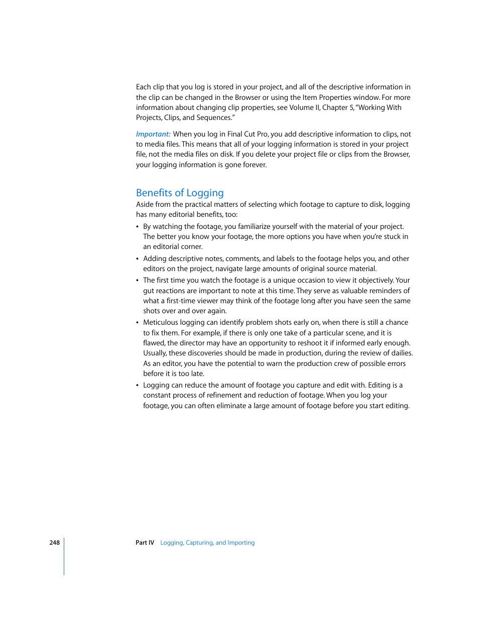 Benefits of logging, P. 248) | Apple Final Cut Pro 6 User Manual | Page 249 / 2033