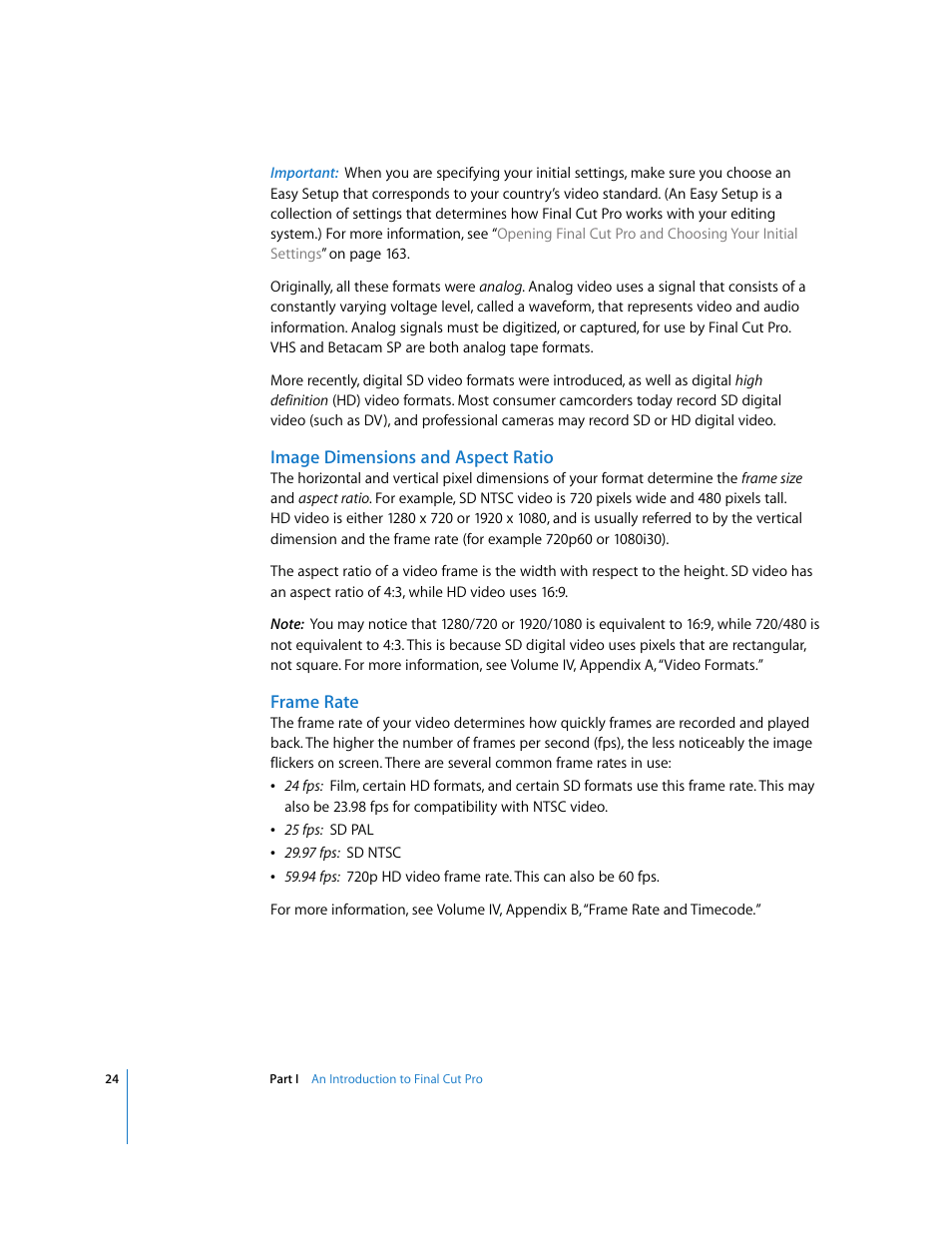 Image dimensions and aspect ratio, Frame rate | Apple Final Cut Pro 6 User Manual | Page 25 / 2033