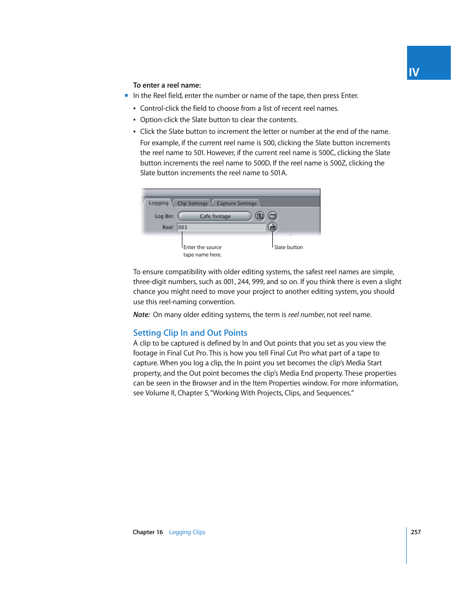 Setting clip in and out points | Apple Final Cut Pro 6 User Manual | Page 258 / 2033
