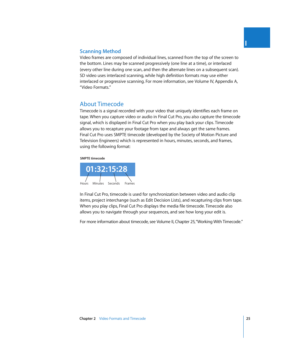 Scanning method, About timecode, P. 25) | Apple Final Cut Pro 6 User Manual | Page 26 / 2033