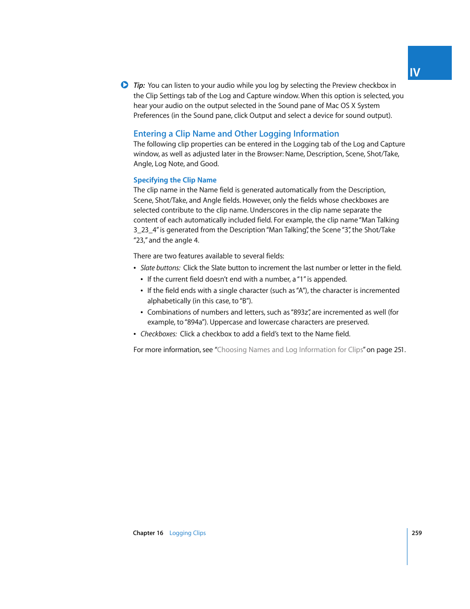 Entering a clip name and other logging information | Apple Final Cut Pro 6 User Manual | Page 260 / 2033