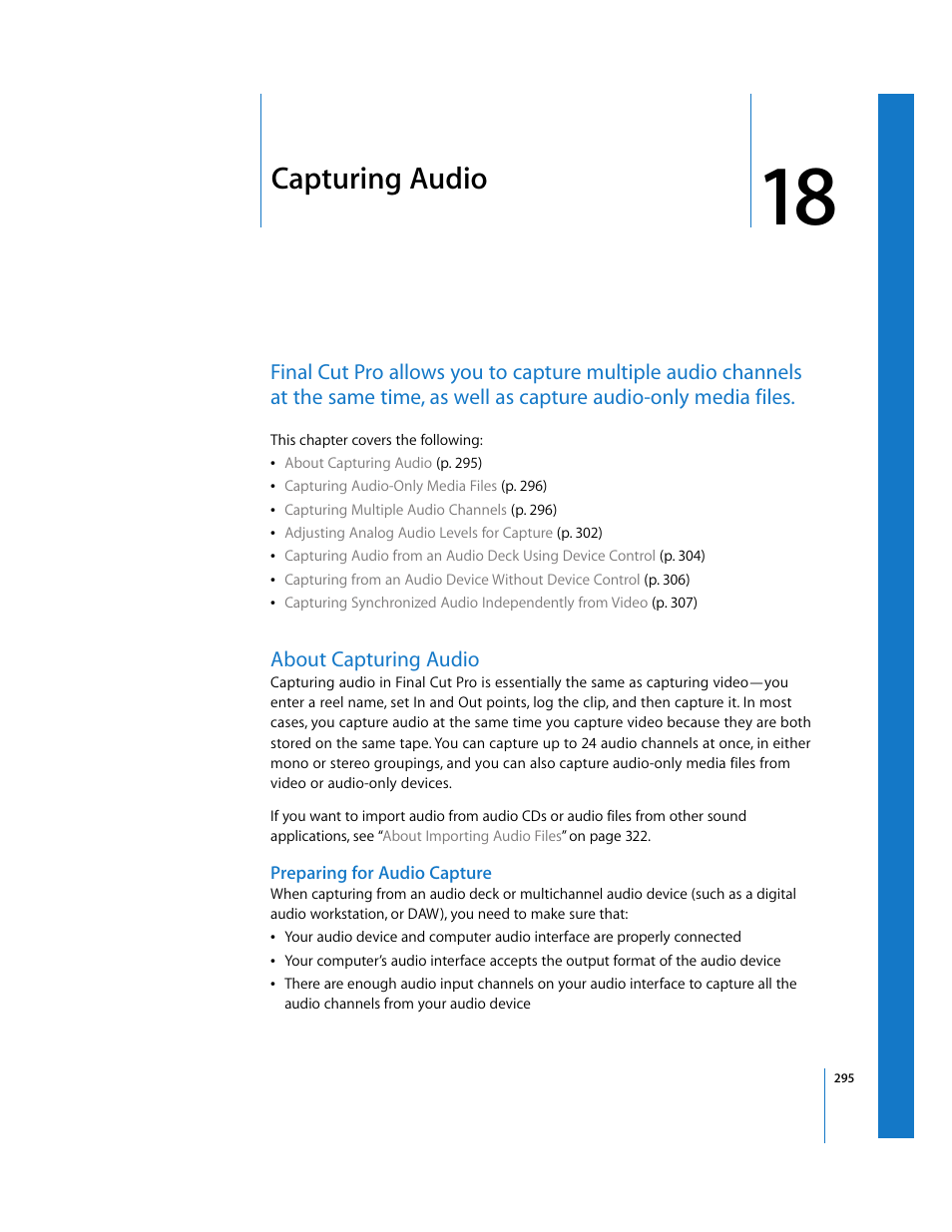 Capturing audio, About capturing audio, Preparing for audio capture | Chapter 18, See chapter 18 | Apple Final Cut Pro 6 User Manual | Page 296 / 2033