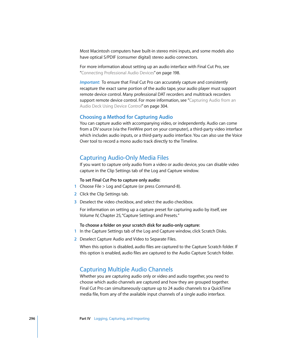 Choosing a method for capturing audio, Capturing audio-only media files, Capturing multiple audio channels | P. 296) | Apple Final Cut Pro 6 User Manual | Page 297 / 2033