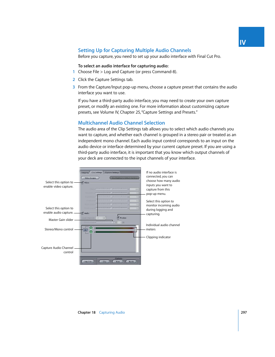 Setting up for capturing multiple audio channels, Multichannel audio channel selection | Apple Final Cut Pro 6 User Manual | Page 298 / 2033